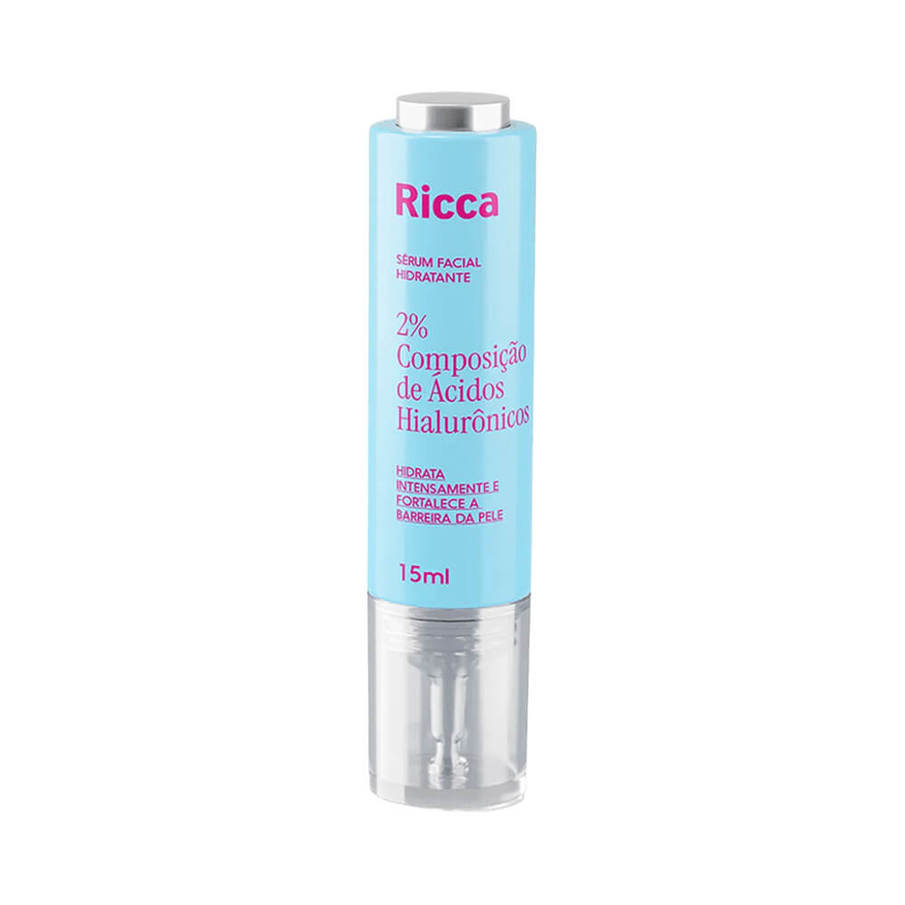 Frasco frontal do Sérum Facial Ricca Ácido Hialurônico 15ml com tampa prata e base transparente